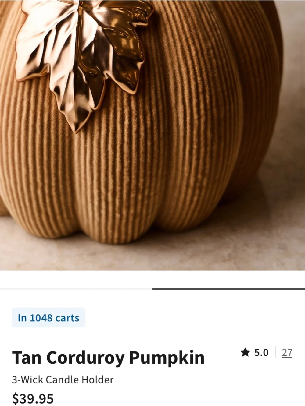 “Tan Corduroy Pumpkin” 3-Wick Candle Holder by Bath & Body Works, NEW in Box